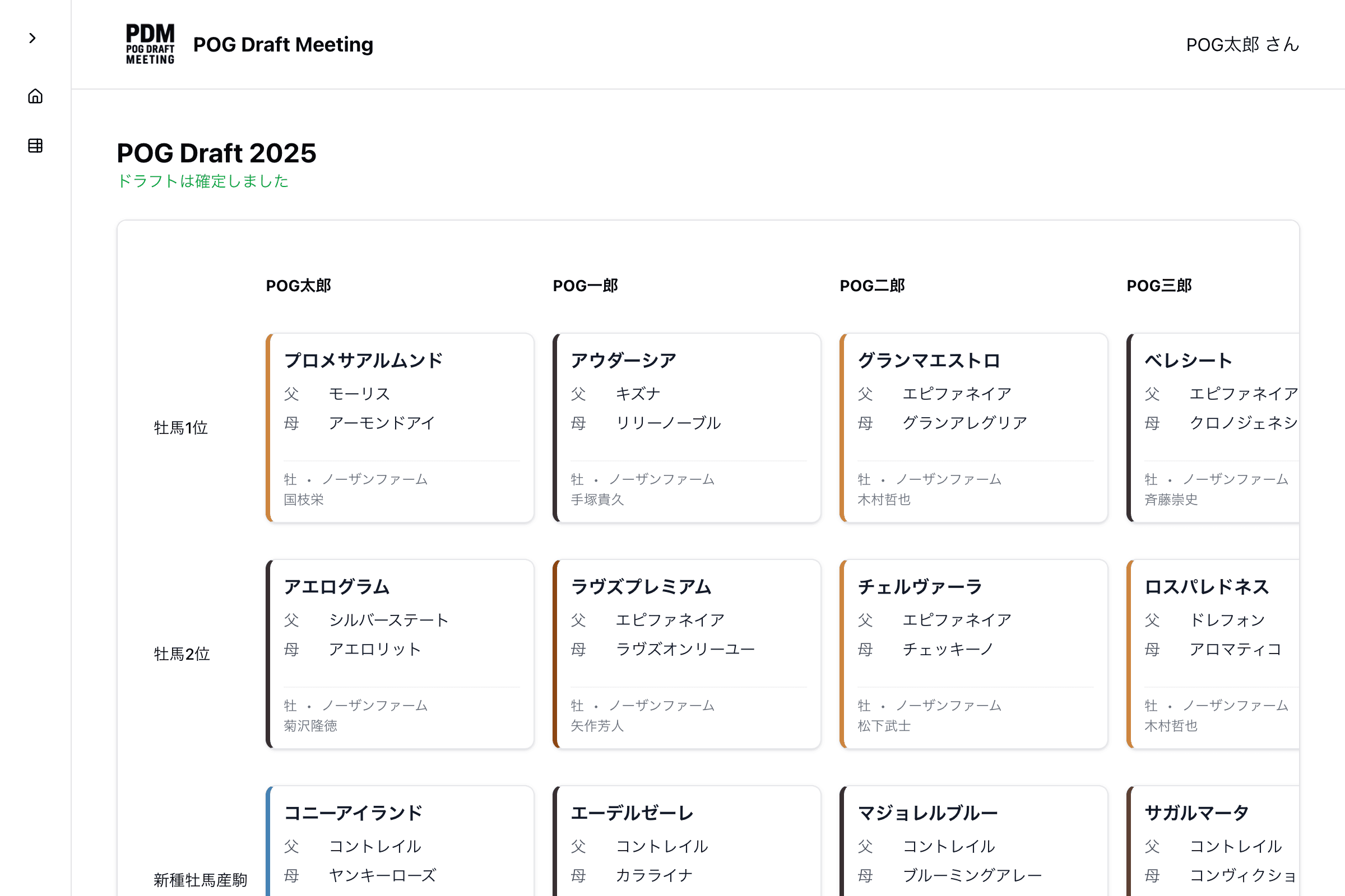 POG Draft Meeting ドラフト会議画面